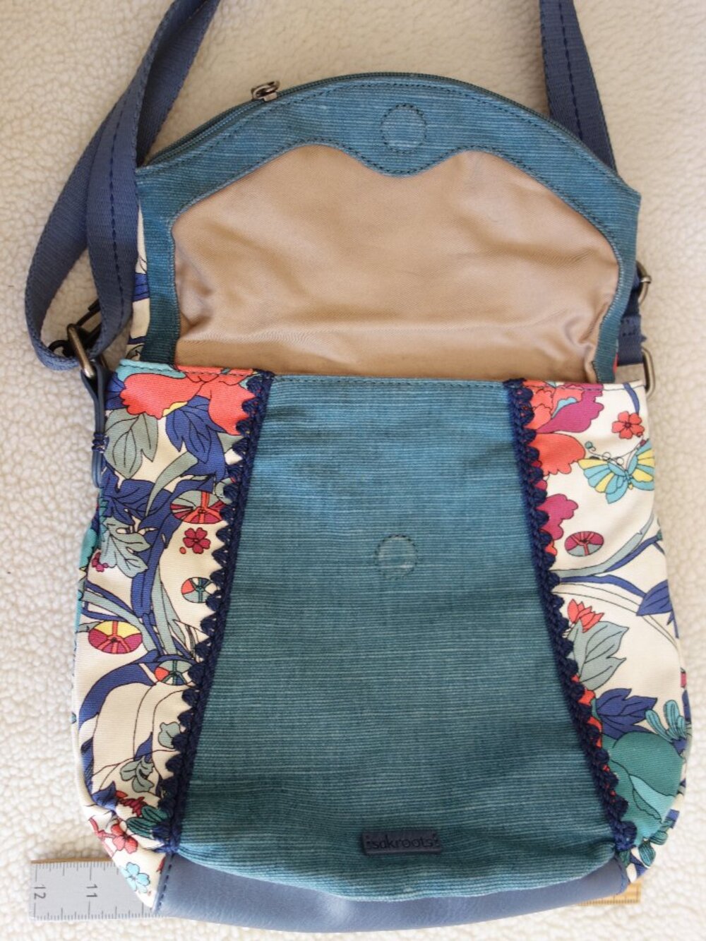 EUC SAKROOTS Blue / Floral Print Canvas Fold Over Crossbody Bag Purse - Picture 5 of 8